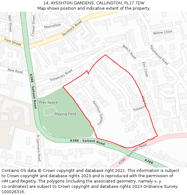 14, AYSSHTON GARDENS, CALLINGTON, PL17 7DW: Location map and indicative extent of plot
