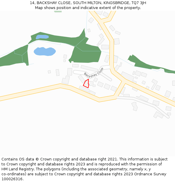 14, BACKSHAY CLOSE, SOUTH MILTON, KINGSBRIDGE, TQ7 3JH: Location map and indicative extent of plot