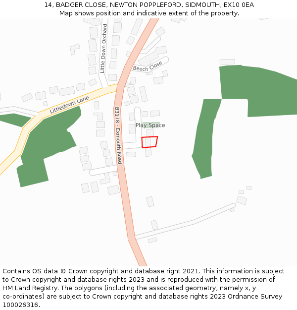 14, BADGER CLOSE, NEWTON POPPLEFORD, SIDMOUTH, EX10 0EA: Location map and indicative extent of plot