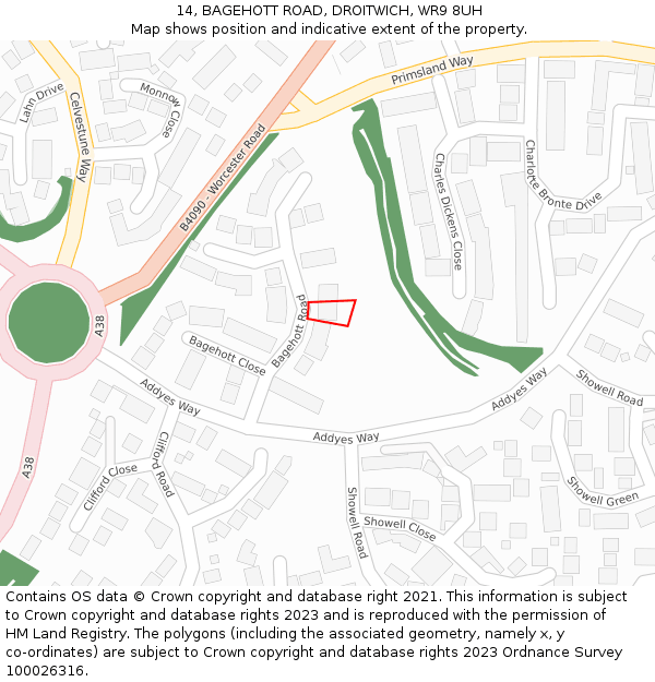 14, BAGEHOTT ROAD, DROITWICH, WR9 8UH: Location map and indicative extent of plot