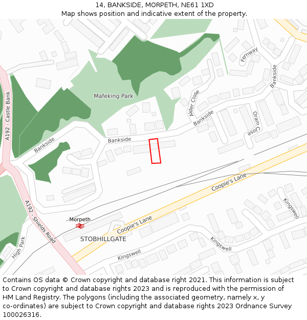 14, BANKSIDE, MORPETH, NE61 1XD: Location map and indicative extent of plot