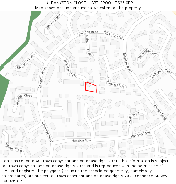 14, BANKSTON CLOSE, HARTLEPOOL, TS26 0PP: Location map and indicative extent of plot