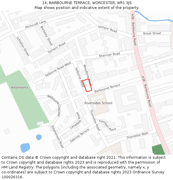 14, BARBOURNE TERRACE, WORCESTER, WR1 3JS: Location map and indicative extent of plot