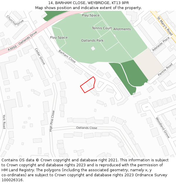 14, BARHAM CLOSE, WEYBRIDGE, KT13 9PR: Location map and indicative extent of plot