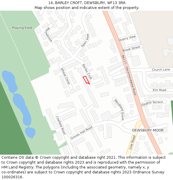 14, BARLEY CROFT, DEWSBURY, WF13 3RA: Location map and indicative extent of plot