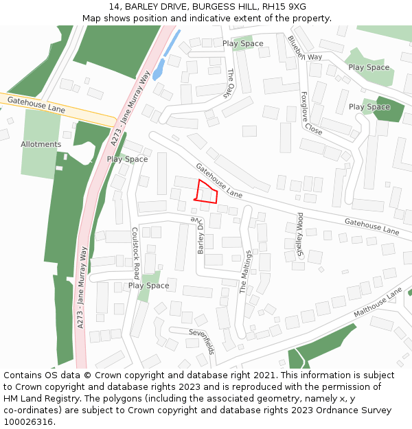 14, BARLEY DRIVE, BURGESS HILL, RH15 9XG: Location map and indicative extent of plot