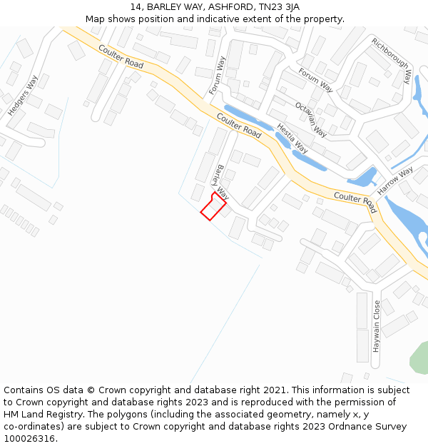 14, BARLEY WAY, ASHFORD, TN23 3JA: Location map and indicative extent of plot