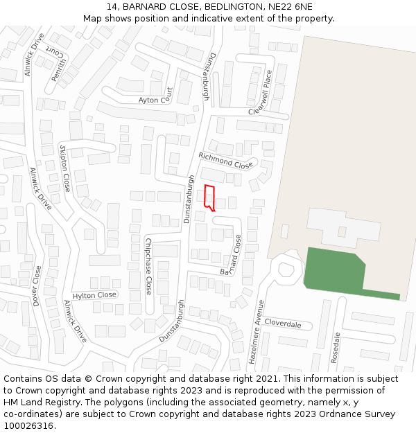 14, BARNARD CLOSE, BEDLINGTON, NE22 6NE: Location map and indicative extent of plot