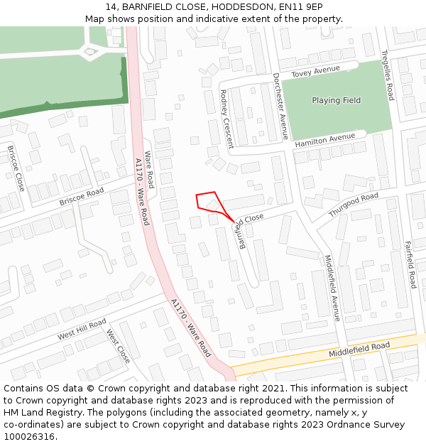 14, BARNFIELD CLOSE, HODDESDON, EN11 9EP: Location map and indicative extent of plot