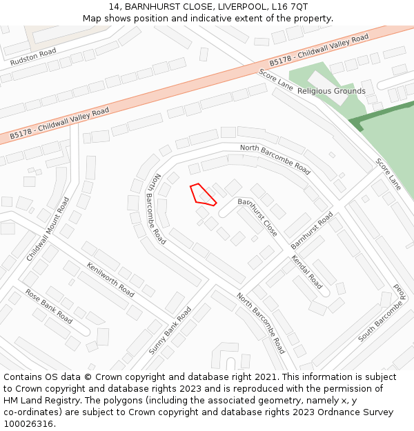 14, BARNHURST CLOSE, LIVERPOOL, L16 7QT: Location map and indicative extent of plot