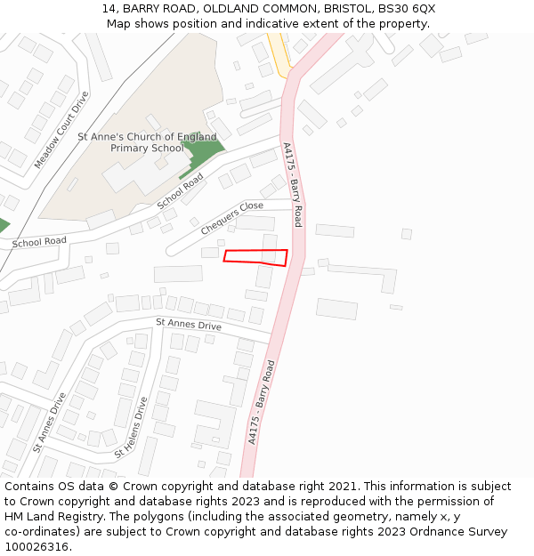 14, BARRY ROAD, OLDLAND COMMON, BRISTOL, BS30 6QX: Location map and indicative extent of plot