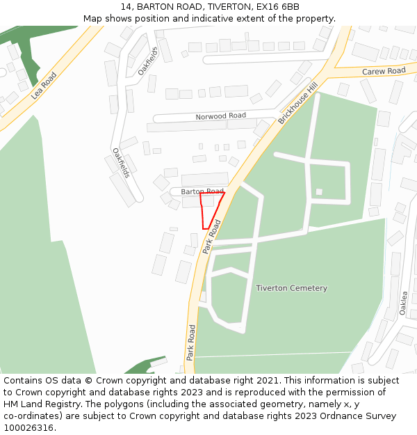 14, BARTON ROAD, TIVERTON, EX16 6BB: Location map and indicative extent of plot