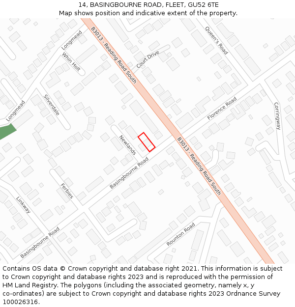 14, BASINGBOURNE ROAD, FLEET, GU52 6TE: Location map and indicative extent of plot