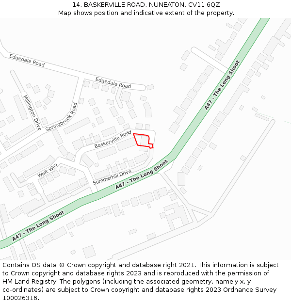 14, BASKERVILLE ROAD, NUNEATON, CV11 6QZ: Location map and indicative extent of plot