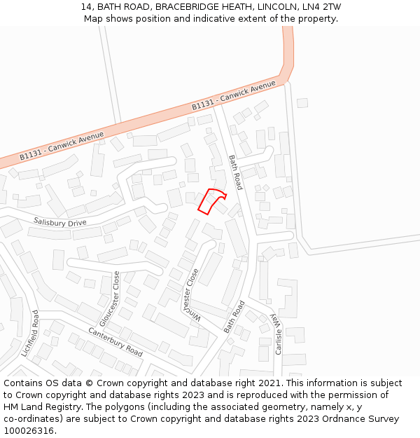 14, BATH ROAD, BRACEBRIDGE HEATH, LINCOLN, LN4 2TW: Location map and indicative extent of plot
