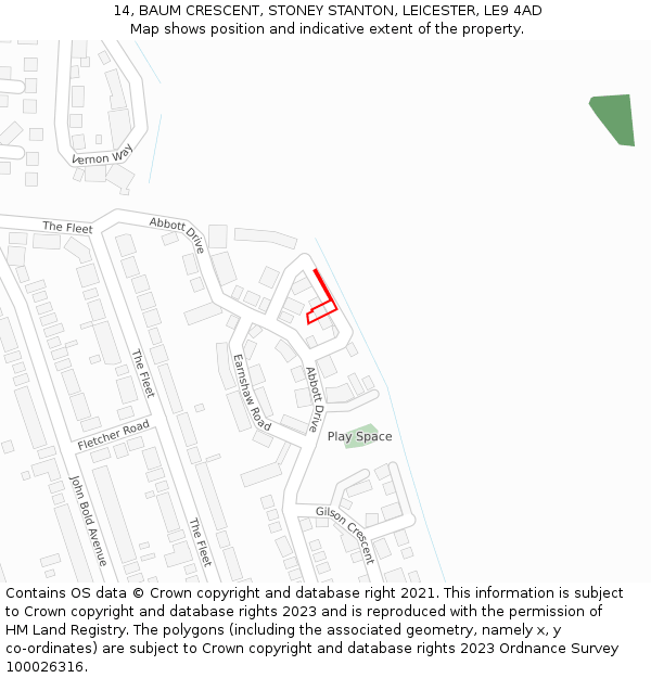 14, BAUM CRESCENT, STONEY STANTON, LEICESTER, LE9 4AD: Location map and indicative extent of plot