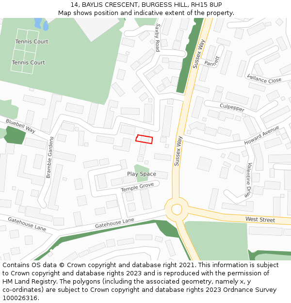 14, BAYLIS CRESCENT, BURGESS HILL, RH15 8UP: Location map and indicative extent of plot