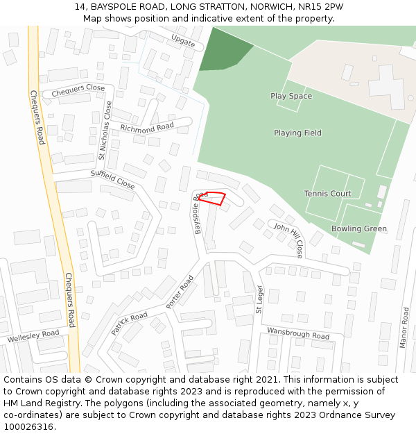 14, BAYSPOLE ROAD, LONG STRATTON, NORWICH, NR15 2PW: Location map and indicative extent of plot