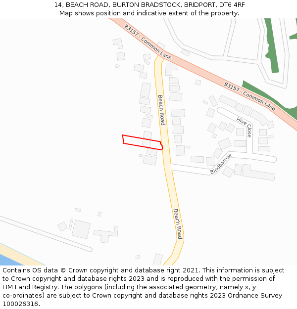 14, BEACH ROAD, BURTON BRADSTOCK, BRIDPORT, DT6 4RF: Location map and indicative extent of plot