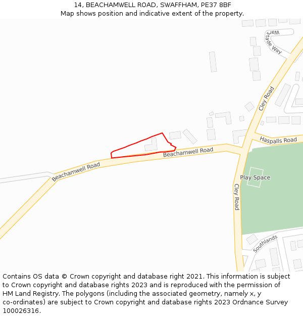 14, BEACHAMWELL ROAD, SWAFFHAM, PE37 8BF: Location map and indicative extent of plot
