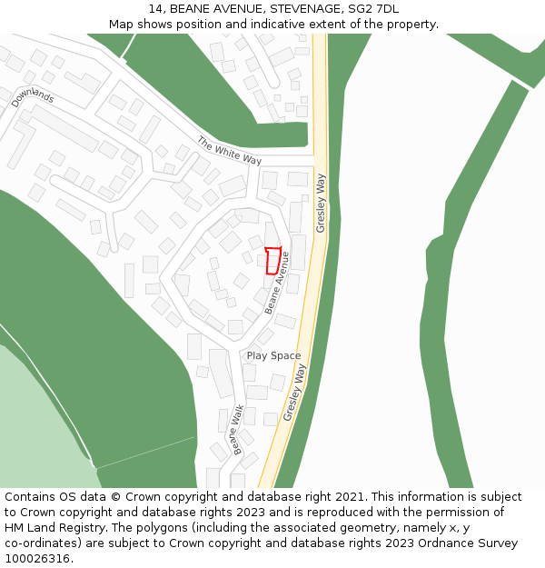 14, BEANE AVENUE, STEVENAGE, SG2 7DL: Location map and indicative extent of plot
