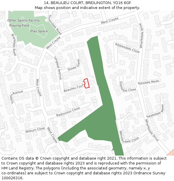 14, BEAULIEU COURT, BRIDLINGTON, YO16 6GF: Location map and indicative extent of plot