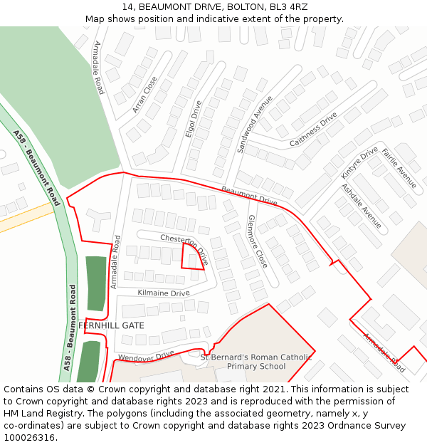 14, BEAUMONT DRIVE, BOLTON, BL3 4RZ: Location map and indicative extent of plot