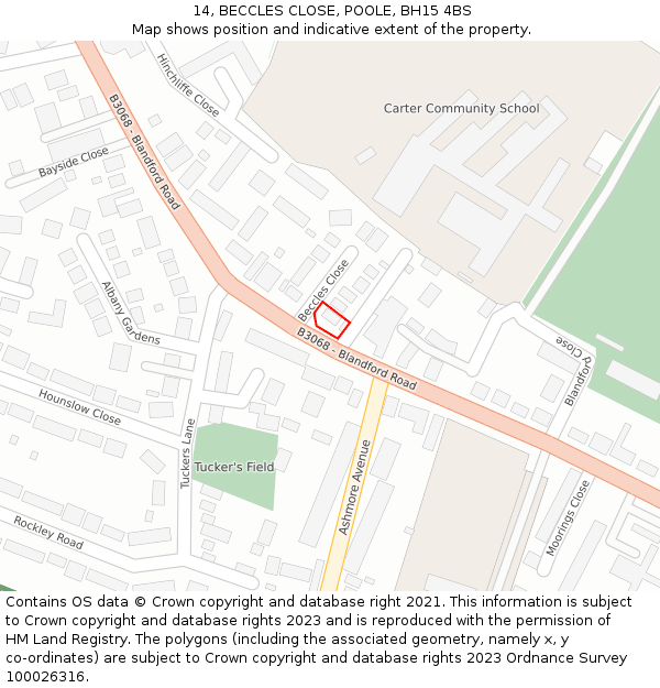 14, BECCLES CLOSE, POOLE, BH15 4BS: Location map and indicative extent of plot