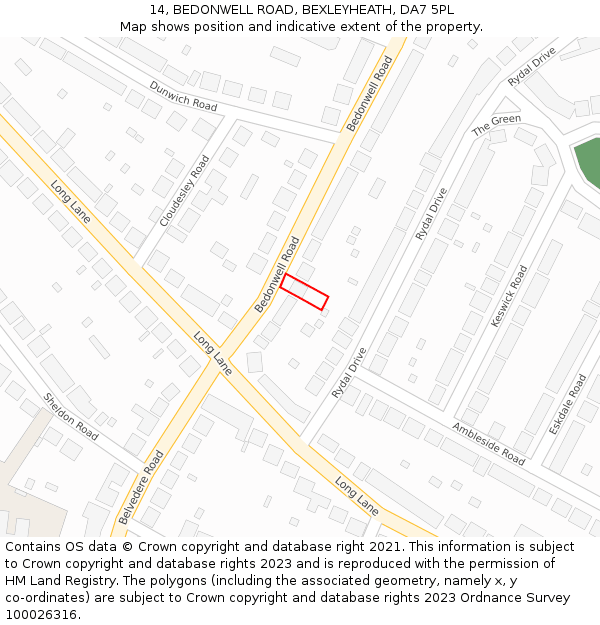 14, BEDONWELL ROAD, BEXLEYHEATH, DA7 5PL: Location map and indicative extent of plot