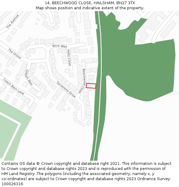 14, BEECHWOOD CLOSE, HAILSHAM, BN27 3TX: Location map and indicative extent of plot
