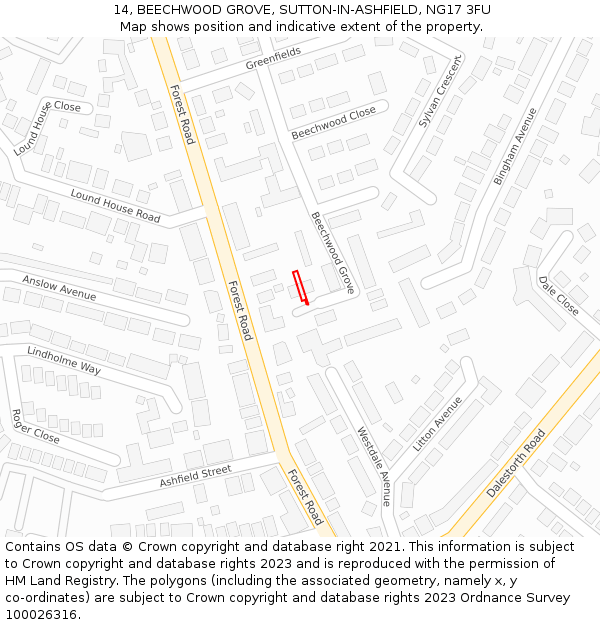 14, BEECHWOOD GROVE, SUTTON-IN-ASHFIELD, NG17 3FU: Location map and indicative extent of plot