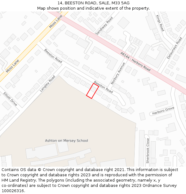 14, BEESTON ROAD, SALE, M33 5AG: Location map and indicative extent of plot