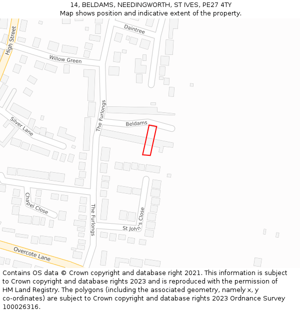 14, BELDAMS, NEEDINGWORTH, ST IVES, PE27 4TY: Location map and indicative extent of plot