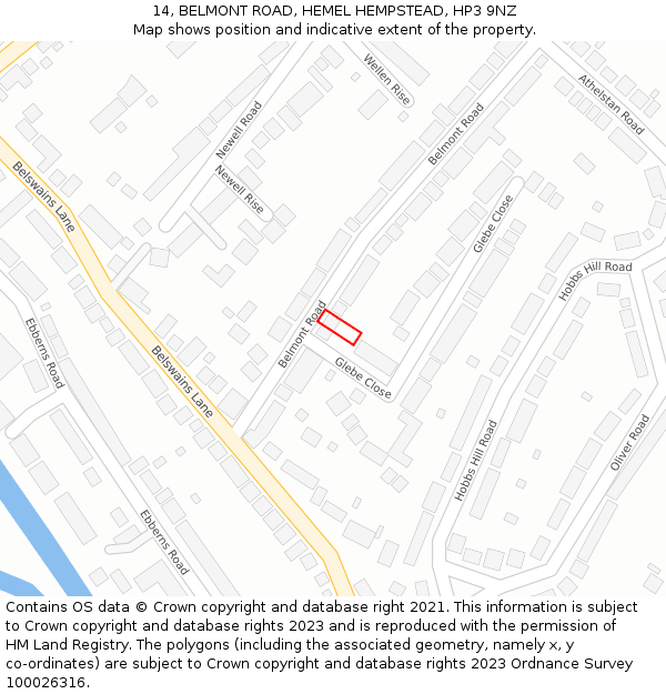 14, BELMONT ROAD, HEMEL HEMPSTEAD, HP3 9NZ: Location map and indicative extent of plot