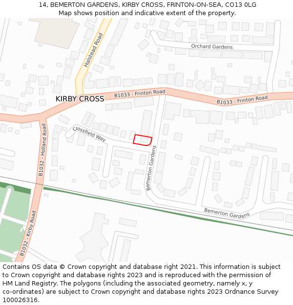 14, BEMERTON GARDENS, KIRBY CROSS, FRINTON-ON-SEA, CO13 0LG: Location map and indicative extent of plot