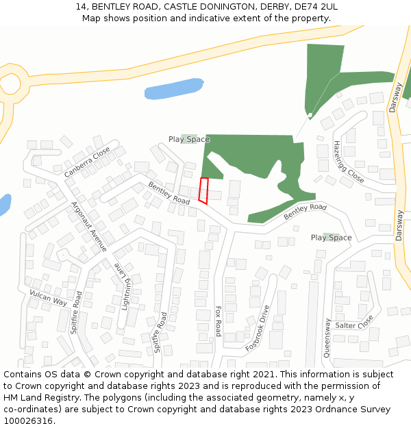 14, BENTLEY ROAD, CASTLE DONINGTON, DERBY, DE74 2UL: Location map and indicative extent of plot