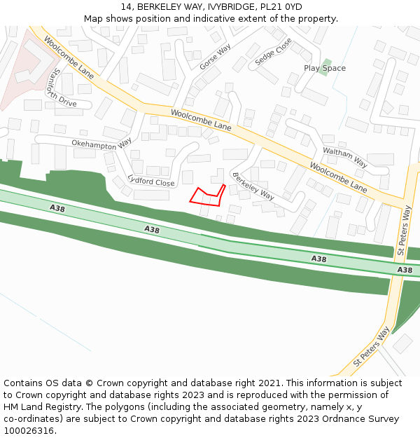 14, BERKELEY WAY, IVYBRIDGE, PL21 0YD: Location map and indicative extent of plot