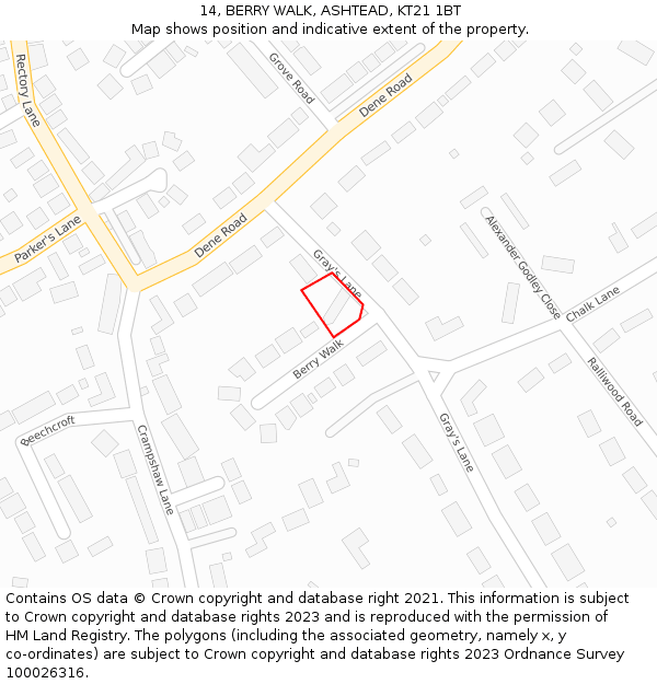 14, BERRY WALK, ASHTEAD, KT21 1BT: Location map and indicative extent of plot
