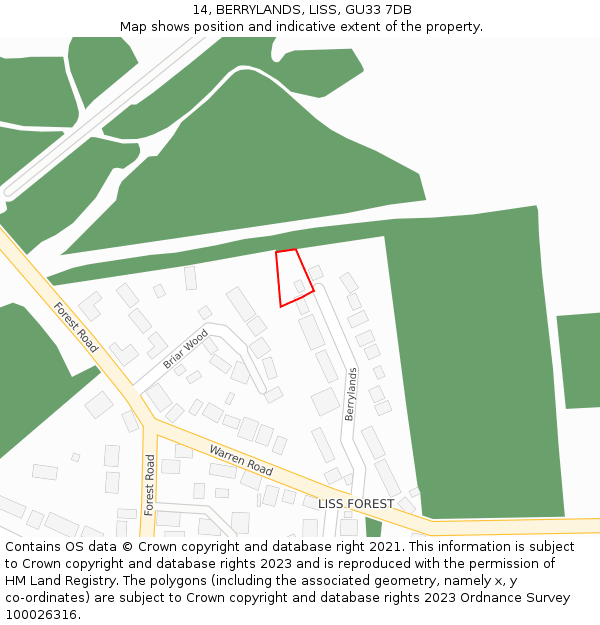 14, BERRYLANDS, LISS, GU33 7DB: Location map and indicative extent of plot