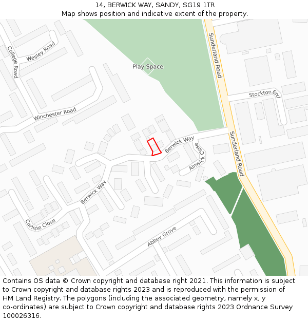 14, BERWICK WAY, SANDY, SG19 1TR: Location map and indicative extent of plot