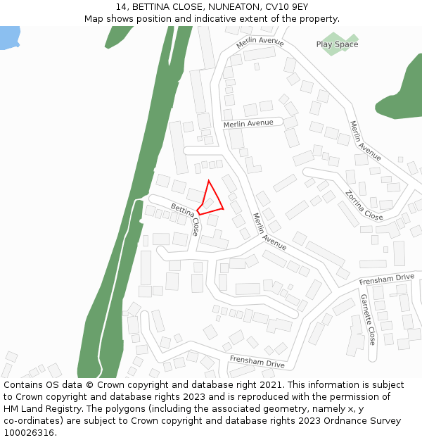 14, BETTINA CLOSE, NUNEATON, CV10 9EY: Location map and indicative extent of plot
