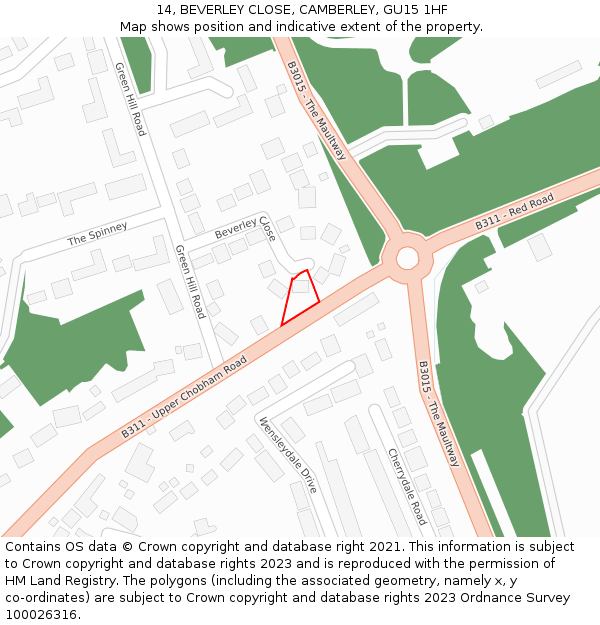 14, BEVERLEY CLOSE, CAMBERLEY, GU15 1HF: Location map and indicative extent of plot