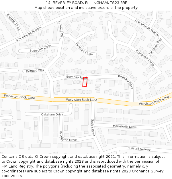 14, BEVERLEY ROAD, BILLINGHAM, TS23 3RE: Location map and indicative extent of plot