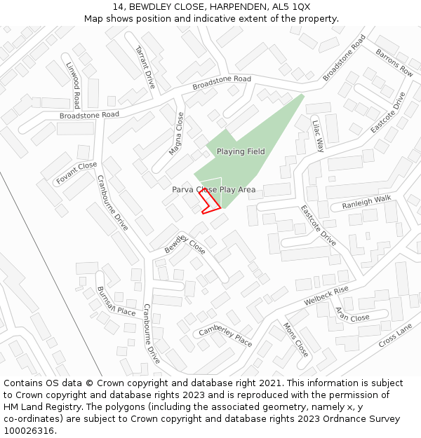 14, BEWDLEY CLOSE, HARPENDEN, AL5 1QX: Location map and indicative extent of plot