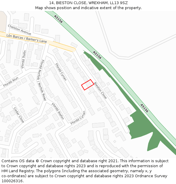 14, BIESTON CLOSE, WREXHAM, LL13 9SZ: Location map and indicative extent of plot