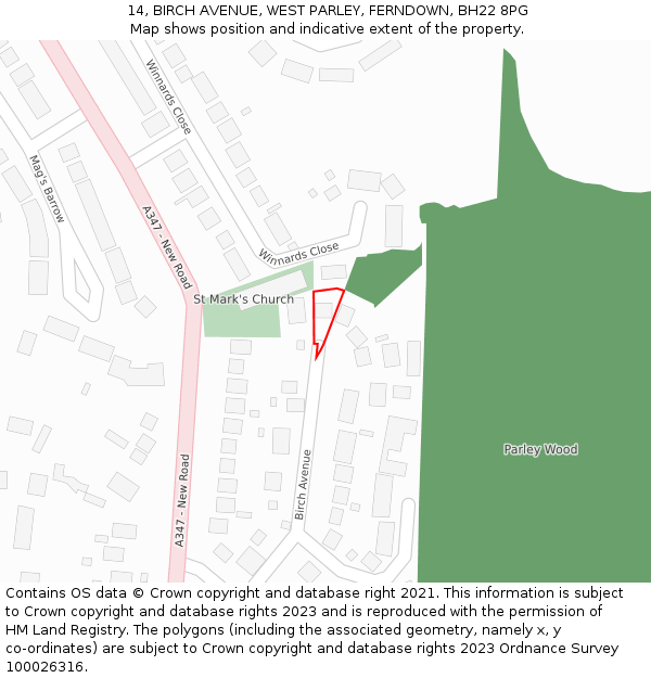 14, BIRCH AVENUE, WEST PARLEY, FERNDOWN, BH22 8PG: Location map and indicative extent of plot