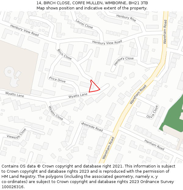 14, BIRCH CLOSE, CORFE MULLEN, WIMBORNE, BH21 3TB: Location map and indicative extent of plot