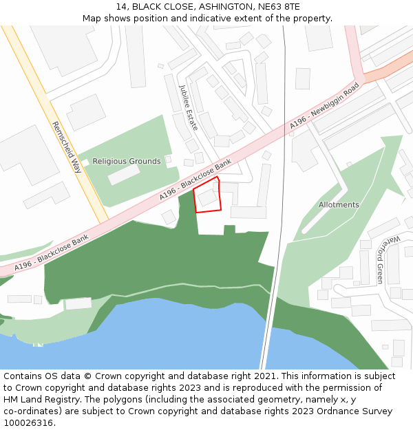 14, BLACK CLOSE, ASHINGTON, NE63 8TE: Location map and indicative extent of plot