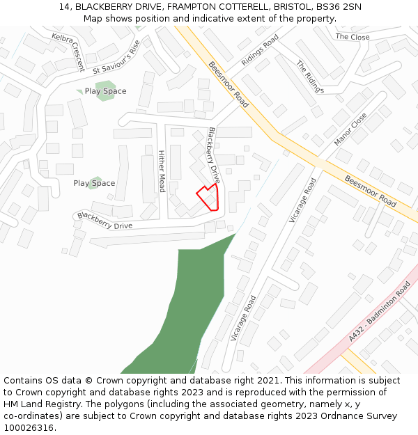 14, BLACKBERRY DRIVE, FRAMPTON COTTERELL, BRISTOL, BS36 2SN: Location map and indicative extent of plot