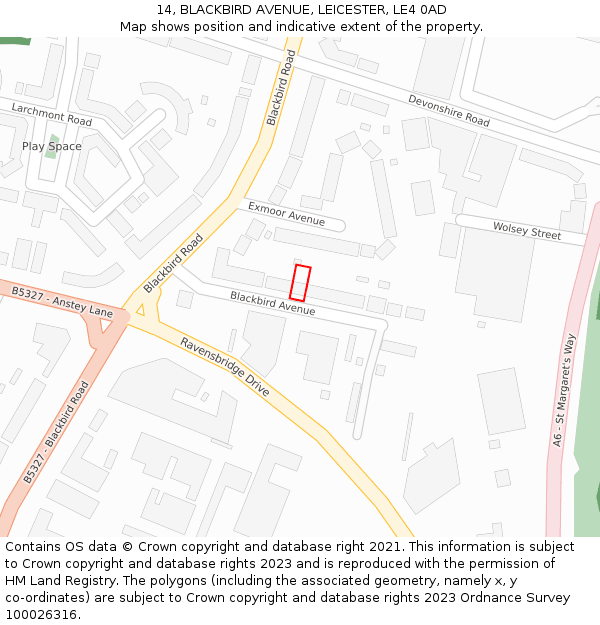 14, BLACKBIRD AVENUE, LEICESTER, LE4 0AD: Location map and indicative extent of plot